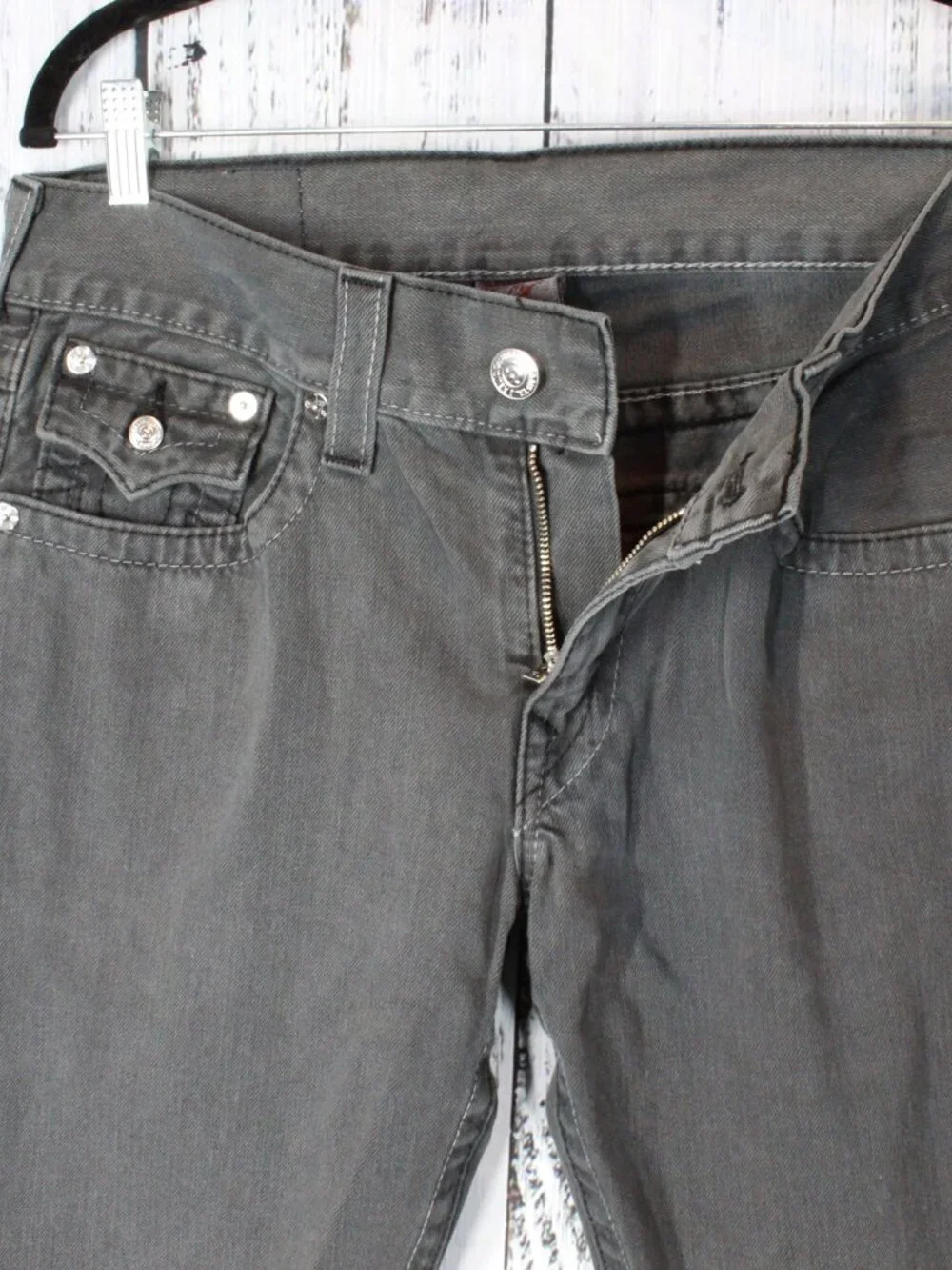 NWT True Religion Mens Bootcut Jeans PX Black Grey Flap Pocket Size 31